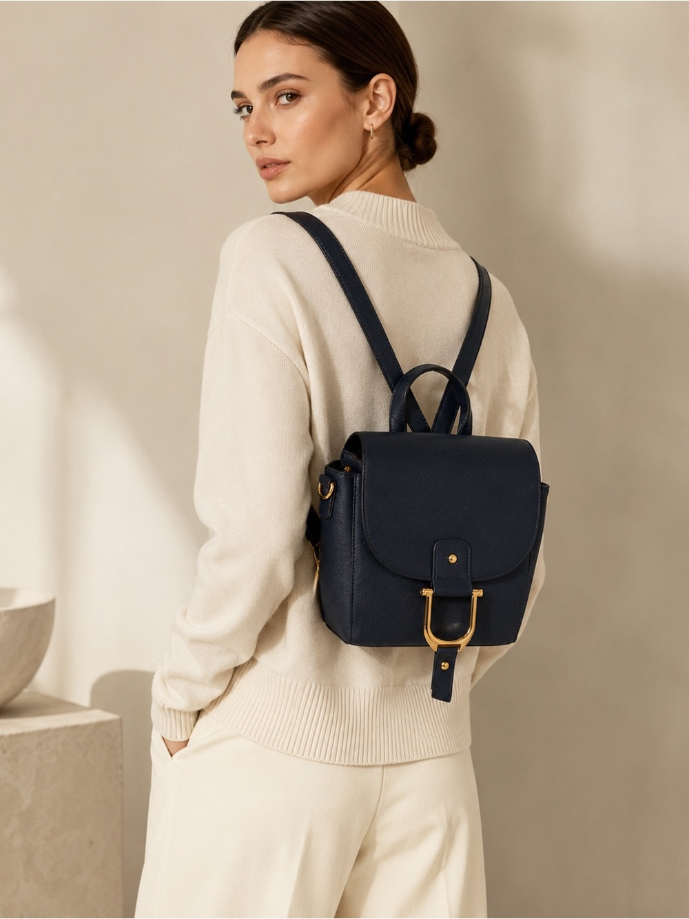 Navy Saffiano Style Convertible Backpack Crossbody Bag Gold Hardware Preppy